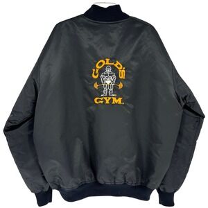 Vintage Golds Gym Bomber Jacket Black Embroidered Quilt Lined Snap Front Mens XL